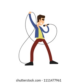 Young man singing with microphone cartoon character vector Illustration on white background
