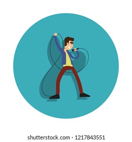 Young man singing with microphone cartoon character icon. Elements of Musician Kompazisya in badge style icons. Simple icon for websites, web design, mobile app, info graphics