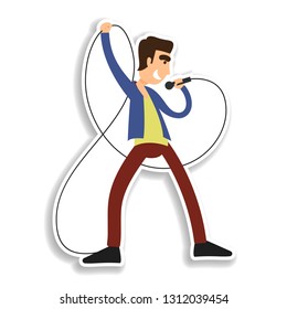 Young man singing with microphone cartoon character sticker icon. Elements of Musician in color icons. Simple icon for websites, web design, mobile app, info graphics