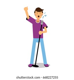 Young man singing with microphone cartoon character vector Illustration