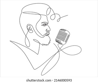 Young man singing in a retro microphone. Continuous one line drawing. Vector illustration.