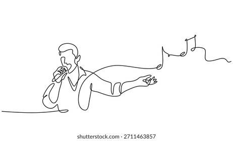 Joven cantando, un simple sketch que simboliza el sonido y el entretenimiento. Estilo de dibujo continuo de una línea.