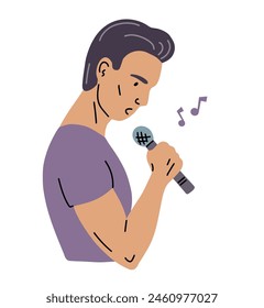 A young man sings into a microphone. Singer and star. Voice and singing. Concept music and sound. Flat vector illustration isolated on white background