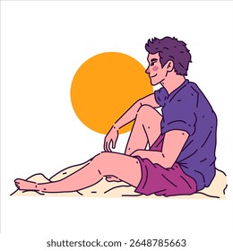A young man sit at beach trendy vector style illustration