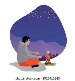 Young man sit and burn marshmallow near campfire in evening. Bonfire in forest . Concept for camping. Flat style vector illustration isolated on white background. Travelling hiking adventure.