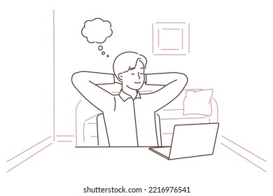 Young man sit at desk distracted from computer work dreaming and visualizing. Happy businessman take break from laptop job taking nap. Vector illustration. 