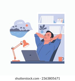 Young man sit at desk distracted from computer work dreaming of a vacation. Vector flat style cartoon  illustration