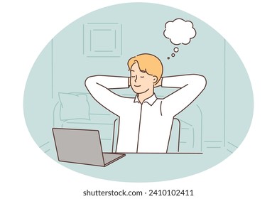 Joven sentado en el escritorio distraído del trabajo informático soñando y visualizando. Feliz hombre de negocios que se toma un descanso del trabajo de laptop tomando siesta. Ilustración vectorial.