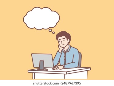 Young man sit at desk distracted from computer phone laptop  work dreaming and visualizing. Hand drawn style vector design illustrations.