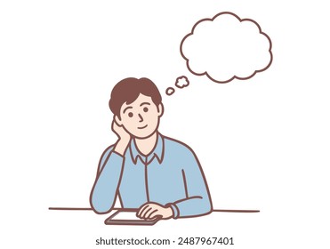 Young man sit at desk distracted from computer phone laptop  work dreaming and visualizing. Hand drawn style vector design illustrations.