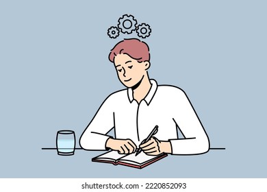 Young man sit at desk making notes in notebook generate creative ideas in head. Motivated male employee write in journal with gear mechanism above head. Vector illustration. 