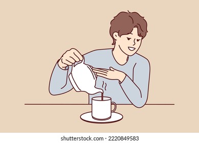 Young man sit at desk pouring tea in cup from kettle. Smiling guy enjoy warm coffee in mug at home. Vector illustration. 