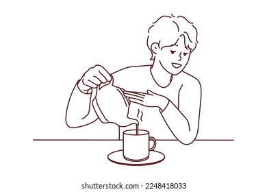 Young man sit at desk pouring tea in cup from kettle. Smiling guy enjoy warm coffee in mug at home. Vector illustration. 