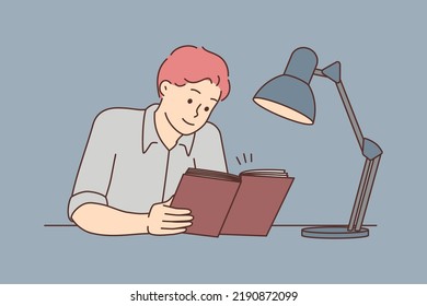 Young man sit at desk reading book with lamp. Male reader enjoy literature at night. Bookworm and education. Hobby concept. Vector illustration. 