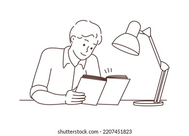 Young man sit at desk reading book with lamp. Male reader enjoy literature at night. Bookworm and education. Hobby concept. Vector illustration. 