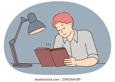 Young man sit at desk reading book with lamp. Male reader enjoy literature at night. Bookworm and education. Hobby concept. Vector illustration.