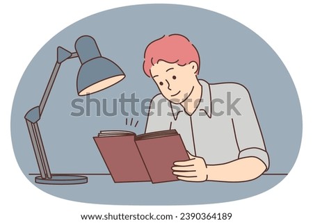 Young man sit at desk reading book with lamp. Male reader enjoy literature at night. Bookworm and education. Hobby concept. Vector illustration.