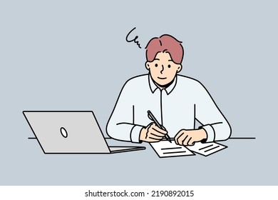 Young man sit at desk working on laptop making notes on paper. Guy studying online on computer writing in notebook. Education and remote job. Vector illustration. 