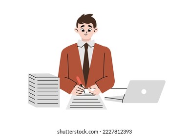 Joven sentado en el escritorio que trabaja en la fabricación de notas en papel. Un tipo que estudia en línea sobre escritura de computadoras en cuaderno. Educación y trabajo remoto. Ilustración vectorial.