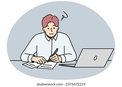 Young man sit at desk working on laptop making notes on paper. Guy studying online on computer writing in notebook. Education and remote job. Vector illustration.