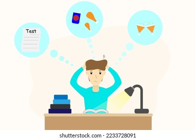 El hombre joven sentado en el escritorio con el lugar de trabajo se siente confundido acerca de las pruebas, el partido, la hambrienta ilustración del concepto de vector