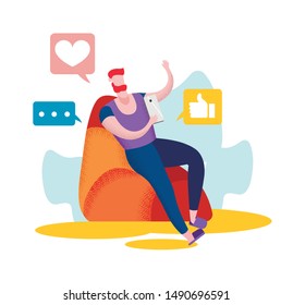 Young Man Sit on Armchair at Home with Smartphone in Hands Communicating in Internet Isolated on White Background, Social Media Icons Heart, Thumb Up in Speech Bubbles Cartoon Flat Vector Illustration