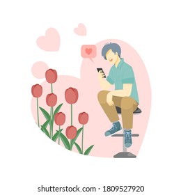 Young man sit on a chair with happy face using smartphone for chat and have heart message pop up,tulip emerge from heart,flat design style, isolated on white background.Vector illustration about love.
