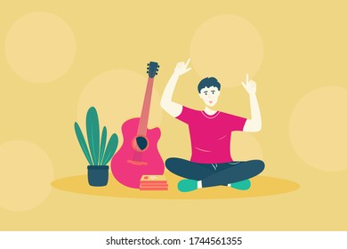 Young man sit on the floor with guitar, flower, books. Music, Song, String Concept. Vector illustration.