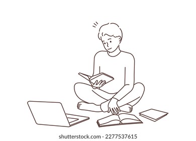 Young man sit on floor study with books using laptop. Smiling guy prepare homework with textbook with computer. Education. Vector illustration. 