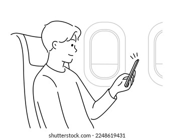 Joven sentado en un avión usando un dispositivo de celular. Un hombre sonriente navega por el smartphone en vuelo. Tecnología y vuelo. Ilustración vectorial. 