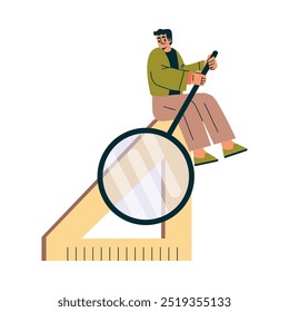 Young Man Sit on Ruler with Magnifier Engaged in Mathematics Calculation Vector Illustration