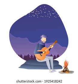 Young man sit and playing guitar near campfire in evening. Bonfire in forest . Concept for camping. Flat style vector illustration isolated on white background. Travelling hiking adventure.