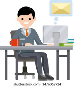 Young man sit at table with computer and receives letter. e-mail in messenger, chat with friends on Internet. postal envelope in bubble. Cartoon flat illustration. Work in office