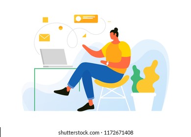 Young man sits behind laptop and writes on social networks. Icons of letters and messages around man working at table. Vector flat illustration.