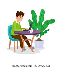 A young man sits behind a table in a cafe, working on a laptop isolated on a white background. A freelance programmer character is doing his work from a restaurant. Cartoon vector illustration.