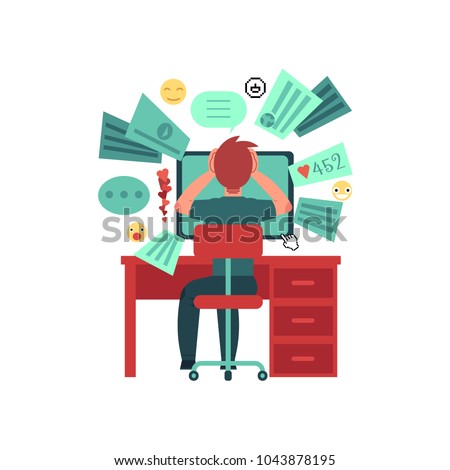 Young man sits behind the table with computer monitor. Overload of data. Too much information in network. Isolated on white background. Cartoon character. Flat colorful vector illustration.