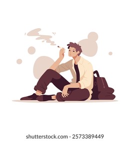 A young man sits casually on the ground, smoking while leaning against his bag. A relaxed smoker holds a cigarette. Vector illustration.