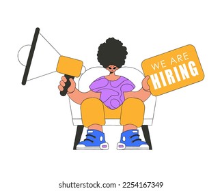 A young man sits in a chair and holds a megaphone. Good for job search topics.