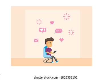 A young man sits in a chair and reads messages on a smartphone. 
 Pixel art. Old school computer graphic. 8 bit video game. Game assets 8-bit sprite. 16-bit.