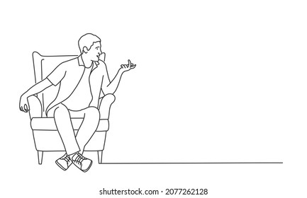 Young man sits in a chair and talks. Hand drawn vector illustration. Black and white.