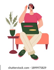 Young man sits in a chair and works remotely from home on a laptop, flat cartoon vector illustration. Character for freelance and remote work, earnings as a freelancer and entrepreneurship.