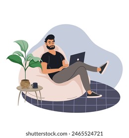 A young man sits in a comfortable bean bag chair and works on a laptop. Concept of home office, remote work, study, online conference. Flat cartoon vector illustration.