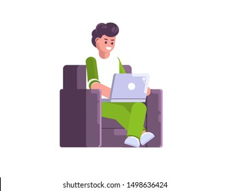 Young man sits comfortable chair in hands laptop, works remotely, freelancer in his pajamas and slippers. Flat style color modern vector illustration on white background.