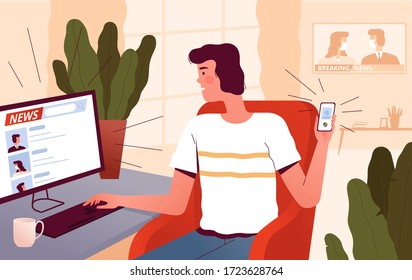 A young man sits at a computer at home, watches the news and discusses them on the phone with friends. People spend time at home. The concept of waiting for new news