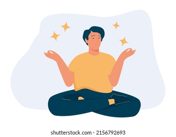 Young man sits with cross-legged on the floor and meditates with closed eyes. Boy makes morning yoga, relaxes at home or breathing exercises. Body positive and health care concept. Vector