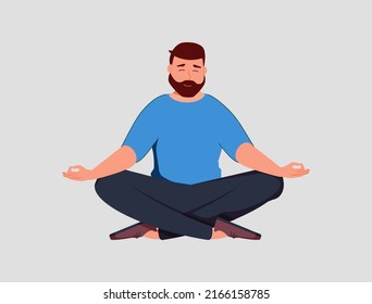 Young man sits with cross-legged on the floor and meditates with closed eyes. Boy makes morning yoga, relaxes at home or breathing exercises. Body positive and health care concept. Vector, therapy.