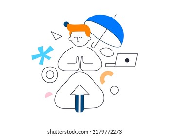 Young man sits with cross-legged on the floor and meditates with closed eyes. Boy makes morning yoga, relaxes at home or breathing exercises. Body positive and health care concept. Vector