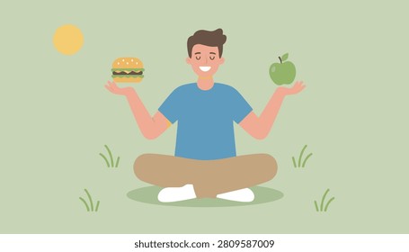 Young man sits cross-legged on green grass balancing a hamburger and a healthy green apple to choose a lifestyle path.