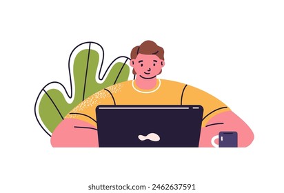 Young man sits at the desk behind computer, works at office or home. Student studies remote with laptop. Person at the table watching on screen. Flat isolated vector illustration on white background