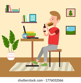 Young man sits at a desk in front of a laptop at his home. Guy eats hamburger and drinks. Shelf with books, photos on wall. Home plant in the pot on the floor. Stay home and stay safe. Flat icon
